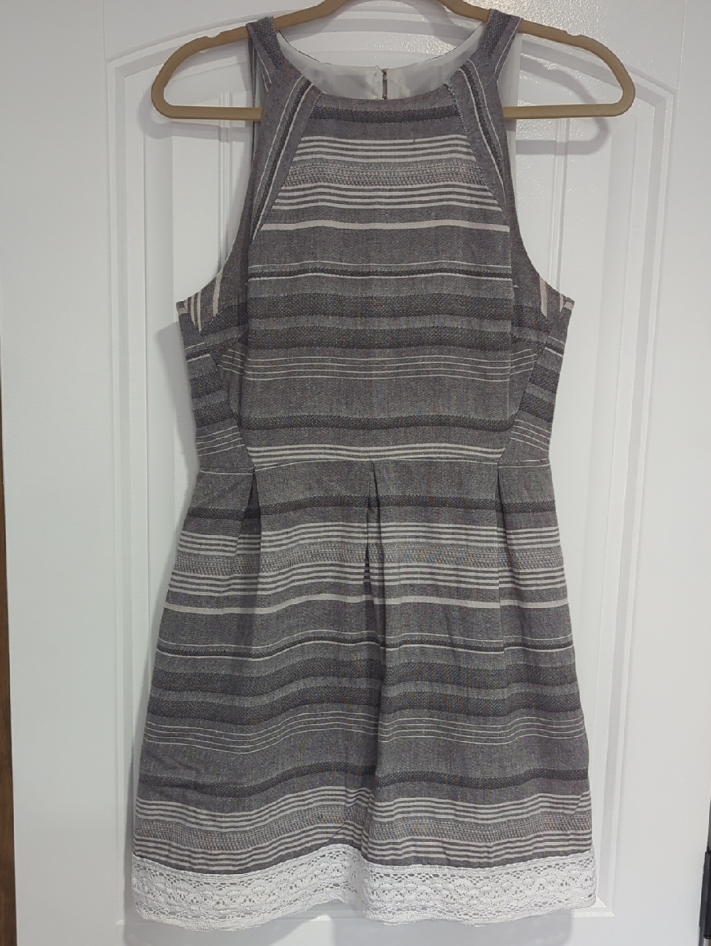 Grey Stripe, Denim-like, High-neck Women's Mini Dress